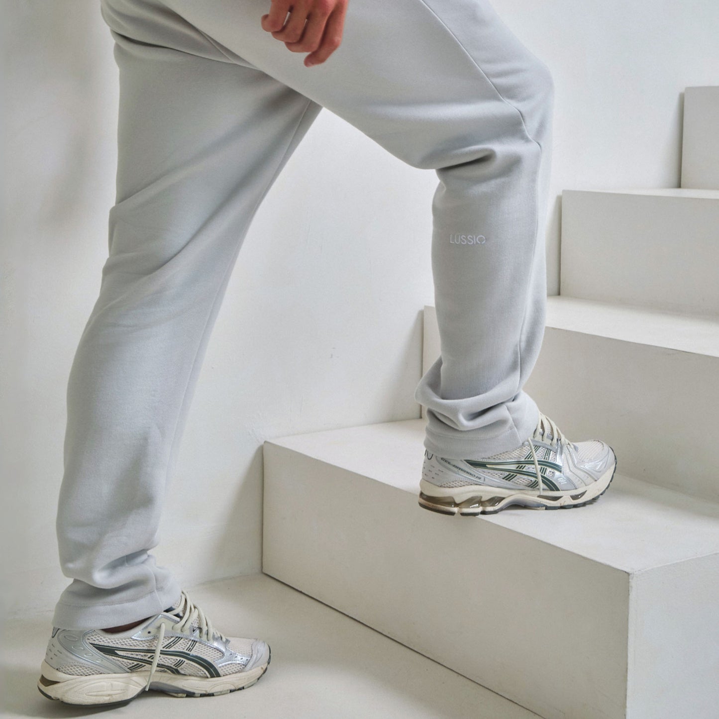 Model walking up the stairs in his ice grey jogger, back view
