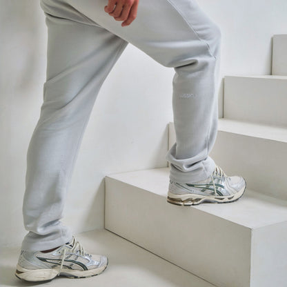 Model walking up the stairs in his ice grey jogger, back view